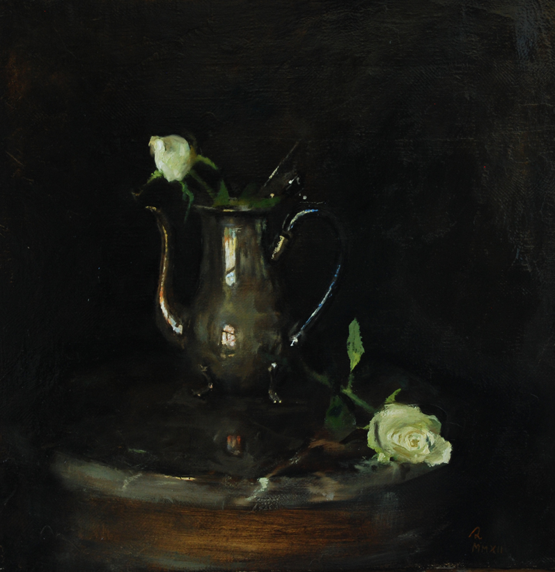 'The emptiness of things, the fullness of love - marble, tin, rose' oil on linen 60 x 60cm